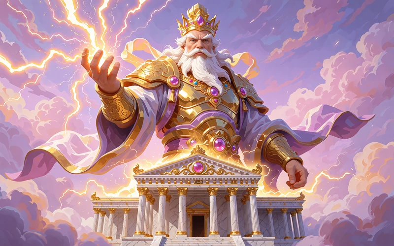 B&oacute;g piorun&oacute;w z białą brodą nad marmurową świątynią - grafika slotu Gates of Olympus w Goldbet Casino