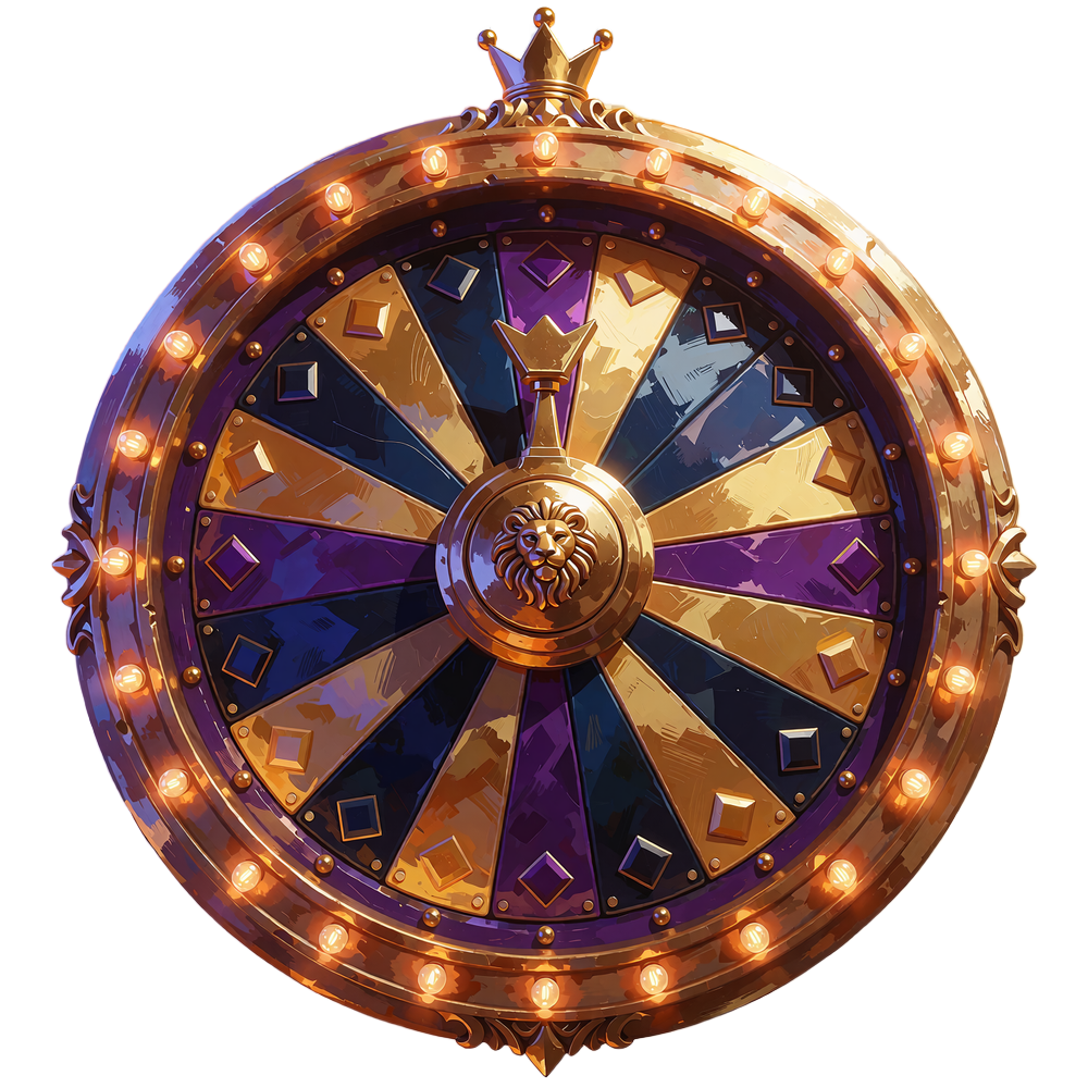 Złote koło fortuny z granatowymi i fioletowymi segmentami oraz koroną-wskaźnikiem - Wheel of Fortune w Goldbet