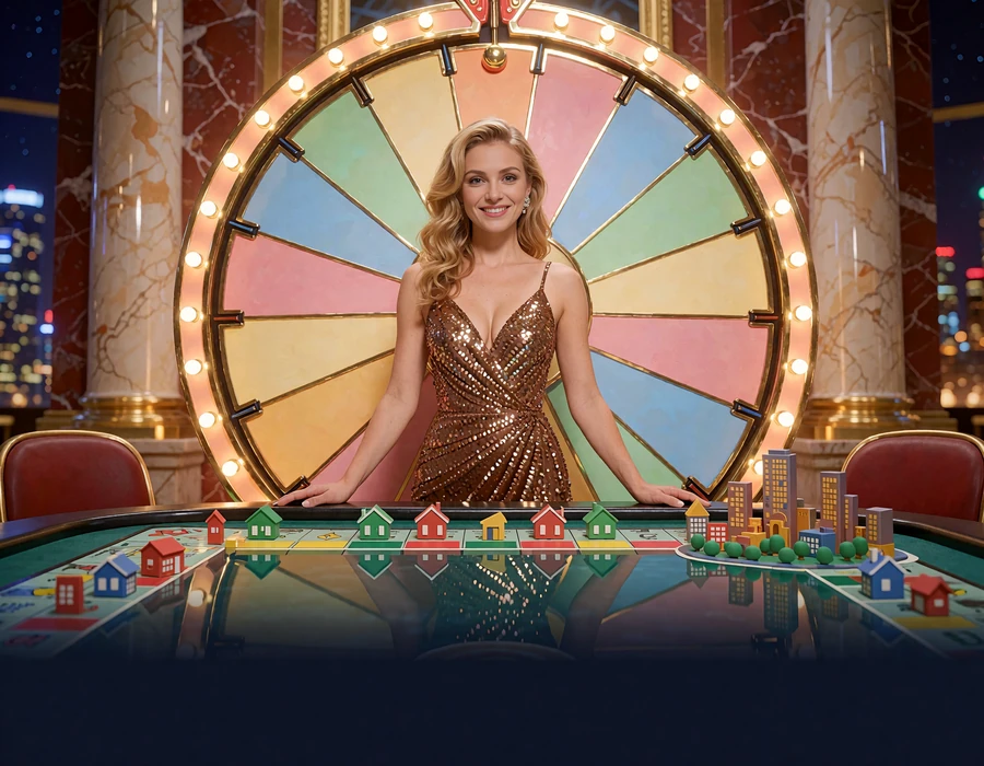 Prezenterka przy tęczowym kole i planszy z domkami i hotelami - teleturniej Monopoly Live w Goldbet
