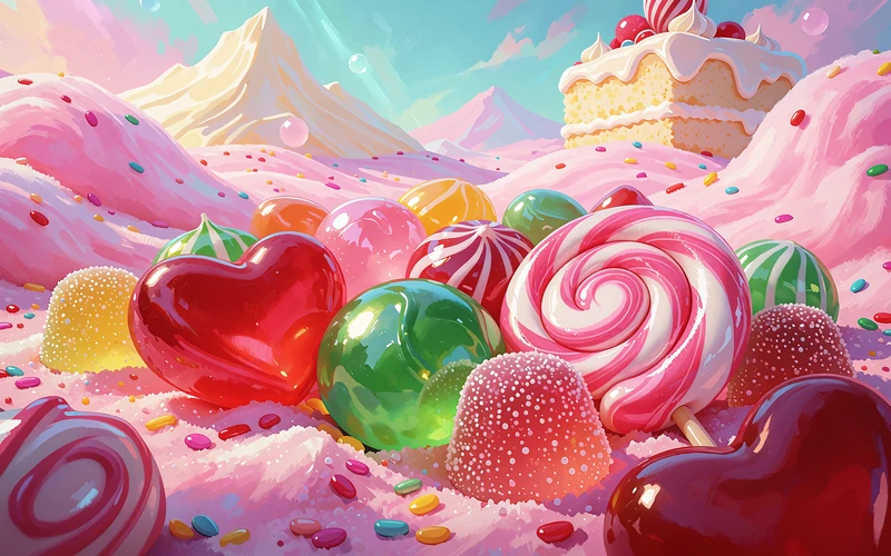 Kolorowe cukierki i lizak na tle r&oacute;żowych wzg&oacute;rz z waty cukrowej - grafika slotu Sweet Bonanza